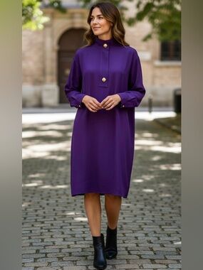St John Silk Purple Violet Shift Dress Gold Buttons Pockets Size M